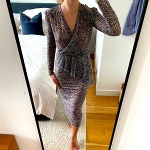 Floral light mesh midi dress with waist ruffle and slight stretch